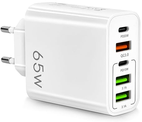 Cargador Múltiple 65W 5 Puertos USB C, QC3.0, Adaptador PD, Cargador de Móvil de Red Rápido. Compatible Con Todos Móviles, Samsung, Xiaomi