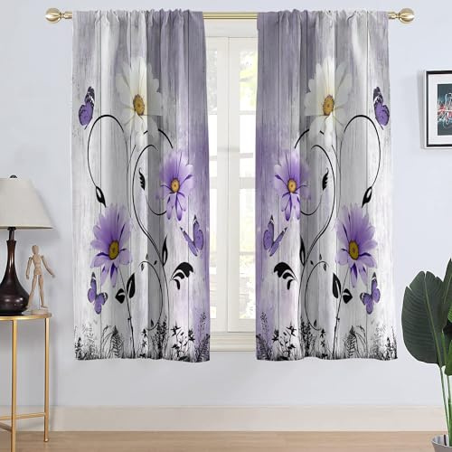 AAtter Tenda per finestra viola floreale lavanda lilla fiori rustici country farfalla margherita bianca astratta foglie nere soggiorno camera da letto tende per finestre tessuto trattamento 1 paio,