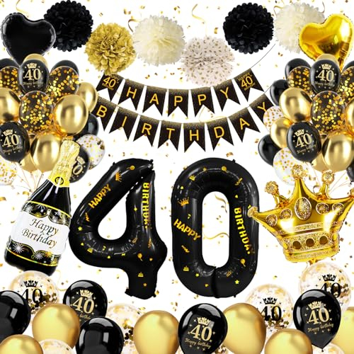 40 Geburtstag Deko, Schwarz Gold Deko 40 Geburtstag Mann, 40 geburtstag männer deko mit Happy Birthday Banner