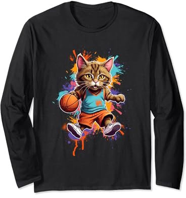 Basketball Cat Dunking Retro Basketball Jersey Long Sleeve T-Shirt