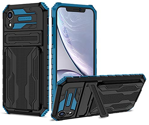 Knoowcase for iPhone XR Case Military Grade Shockproof Phone Case with Kickstand Detachable Card Holder Heavy Duty Protective Hard PC Shell Soft TPU Bumper Cover for iPhone XR, Blue