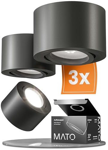 MATO 3x LED Spots Aufputz schwarz - extra flach & schwenkbar - Ø80x50mm - Aufbaustrahler Decke inkl. 5W LED Modul 230V - 4000K neutralweiß - Deckenspots, Aufbaustrahler, Aufputz Deckenstrahler LED