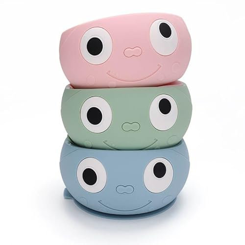 YOUTALI Ensemble de 3 Bols Ventouse Pour Bébé en Silicone Alimentaire, Rose, Vert Et Bleu Avec Smiley, Pour Une diversification alimentaire bébé Sans BPA, Micro-Ondable Et Lave-Vaisselle