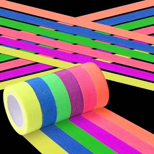 6 Rollen Fluoreszierendes Klebeband Bunt, Neon Klebeband, Gaffer Tape, 5m x15mm Fluoreszierendes Leuchtband, 6 Farben Neonband Selbstklebend UV Licht Schwarzlicht Deko für Neon Partydeko Handwerk