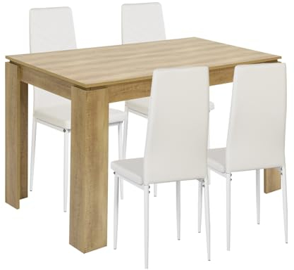 FURNITABLE Esstisch mit 4 Stühlen Esszimmergruppe, 4er Set Esszimmerstühle und Rechteckig Holztisch Essgruppe für Wohnzimmer Küche Büro (Eiche Tisch+4 Weiß Stühle)