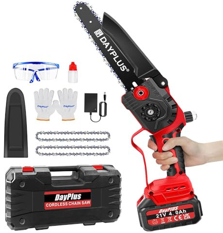 Cordless Chainsaws 8 Inch Mini Wood Saw Portable One-Handed Electric Chainsaw for Wood Cutting Tree Trimming Gardening, Auto-Oil System, 2 Batteries 2 Chains and Storage Case Included