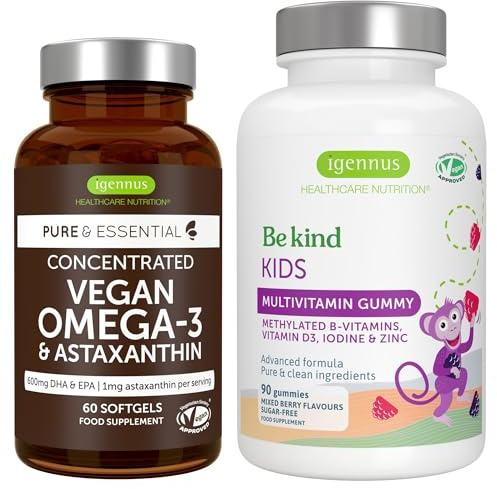 Vegan Omega-3 Algae Oil + Advanced Kids Multivitamin Gummy Bundle, High Concentration DHA & EPA + Vitamin A, B, C, D3 & E, Clean Ingredients 60 Softgels + 90 Berry Flavor Gummies, by Igennus