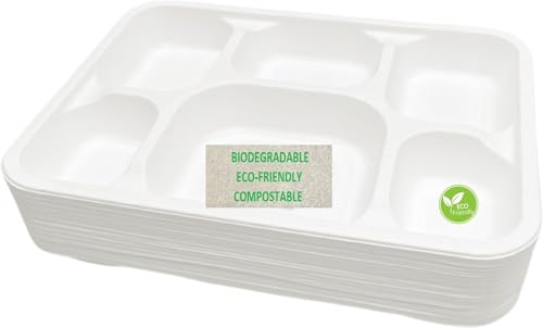 aaksh 555 Lot de 25 grandes assiettes jetables solides à 6 compartiments, super rigides biodégradables et compostables, respectueuses de l'environnement, parfaites pour un usage quotidien