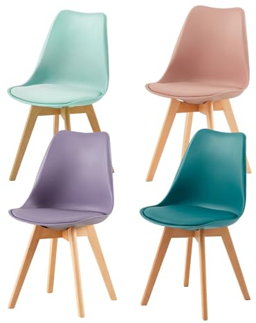 H.J WeDoo Pack 4 Sillas de Comedor Nórdico,Silla Cocina de Haya con Asiento Tapizado y Respaldo Ergonómico,Rauchrosa+Türkis+Minzgrün+Grau Violett