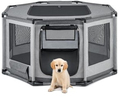 lionto Welpenauslauf aus Oxford-Gewebe, atmungsaktives Netz mit Reißverschluss & Seitentasche, Freilaufgehege für Hunde & Katzen mit Rahmen aus PVC-Rohren, achteckiger Hundekäfig, 112x112x62 cm, grau