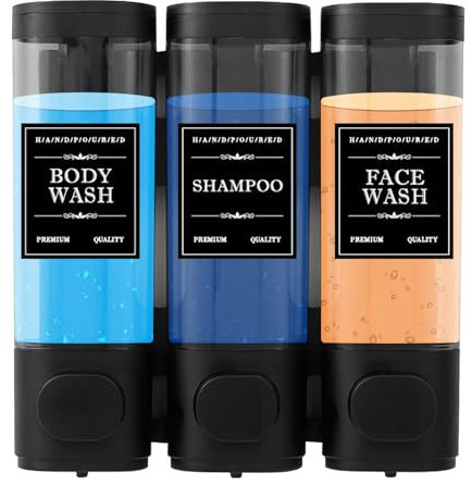 Dispenser per Shampoo e Balsamo, Dispenser di Sapone Da Parete, Dispenser Sapone Muro, Dispenser per Shampoo Da Doccia a 3 Camere Senza Trapano, Montaggio a Parete per Shampoo, Balsamo, Bagnoschiuma