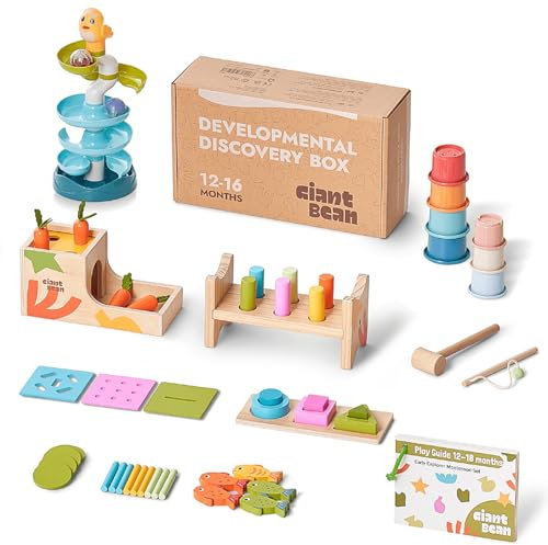 Giant bean Montessori Toys Set for Baby 12-18 Month, 8-in-1 Wooden Learning Toys with Ball Drop Roll Tower, Multifunctional Object Permanence Box, Hammer, Shape Sorting Stacking Cube Cups, Gift for 1+