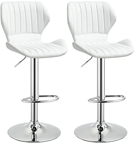 HOMCOM Lot de 2 tabourets de bar réglables en hauteur avec assise et repose-pieds ergonomiques, tabourets hauts en similicuir et métal, 47x51,5x91,5-113,5 cm, blanc