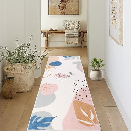 Rosa Teppich Läufer Flur rutschfest 60x180cm, Modern Teppichläufer Innen Kurzflor Weich, Boho Waschbare Läufer Küchenteppich, Teppiche Vorzimmer Eingangsbereich Schlafzimmer Küche Korridor Wohnzimmer