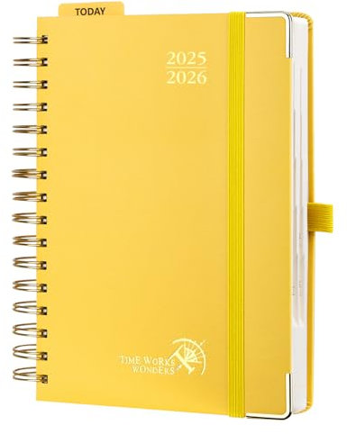 POPRUN Tagesplaner 2025 2026 Ringbuch mit Hardcover 21,5 x 14,5 cm, Tageskalender A5 1 Tag 1 Seite (Montag - Sonntag), Terminplaner (Aug.2025-Jul.2026) mit Plastiklineal - Hellgelb
