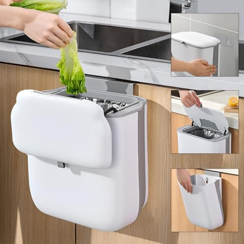 10L Collapsible Hanging Kitchen Bin,Wall Compost Food Waste Caddy Inside Cupboard Garbage Trash Can,Under Sink Counter Rubbish Camping Bin with Lid,Caravan Door Bin for Bedroom,Cabinet,Toilet (White)