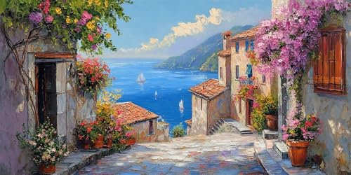 Peinture Numero Adulte vue sur la mer Peinture Numéro petite ville Peinture par Numero Débutant, Numéro d'Art Kit Peinture vec Peintures et 3 Pinceaux, Decoration Murale, Cadeau Homme, 70x140cm -1106