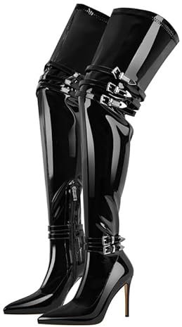 blingqueen Damen Stretch Lack Stiefel Spitze Overknee Stiletto Boots mit Riemen Schnallen Lackstiefel Schwarz 45 EU