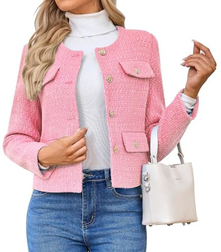 HUEOBIR Giacche da donna in tweed casual a maniche lunghe button down business corto casual cappotti ritagliati, Rosa chiaro, Large