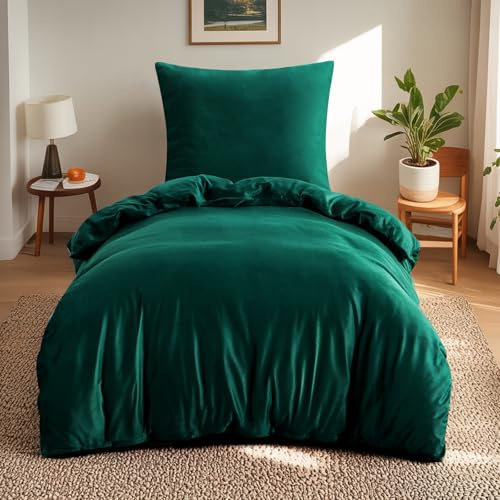 Aisbo Winter Plüsch Bettwäsche 155x220 2teilig Dunkelgrün - Flanell Flauschige Warme Bettbezug und Kissenbezug 80x80 cm, Teddy Fleece Samt Cashmere Touch Winterbettwäsche mit Reißverschluss