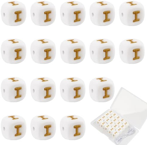 TOAOB 20pcs Perles Voyelle Lettres I Silicone de Cube pour Bracelets 12mm Perles Alphabet Carrées en Blanc avec Or Lettres pour DIY Fabrication de Bijoux Colliers Porte-Clés