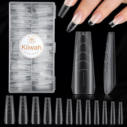 Kiiwah 270 Pcs Gel Nail Tips for Acrylic Extensions Coffin Clear False Nails Tips, 12 Sizes Half Cover Fake Nails Long for Nail Salons