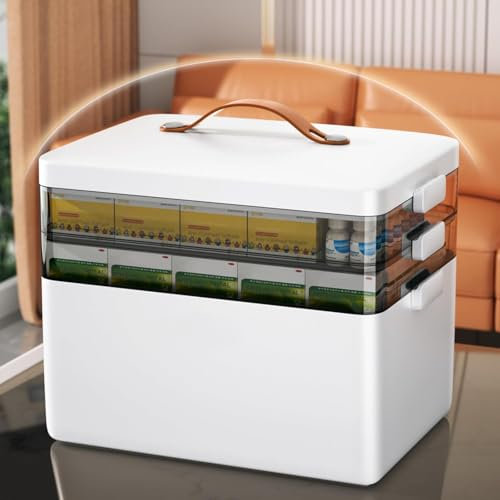 KALDJKS 3-stöckig Medikamenten Aufbewahrung,Haushalts-Medizinbox,Mehrschichtige mit Tragegriff,für Schmuck,Arzneimittel, Kosmetik(Weiß)