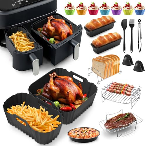 Accesorios para freidora de aire caliente para Philips Dual Basket 3000 Series NA350, 5000 Series NA550 3L/6L & Cookwise Dual Air Fryer 9L, 19 piezas de molde de silicona Airfryer Set de accesorios