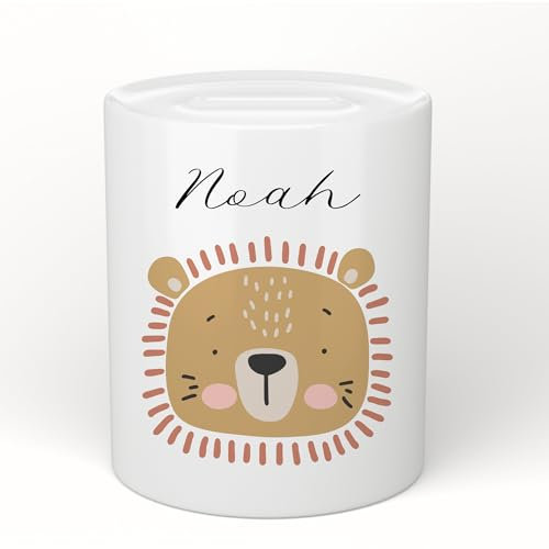 Manufaktur Liebevoll Spardose mit Namen Personalisierte Spardose Kinder Geschenk Baby Mädchen Junge Sparschwein Löwe Tier