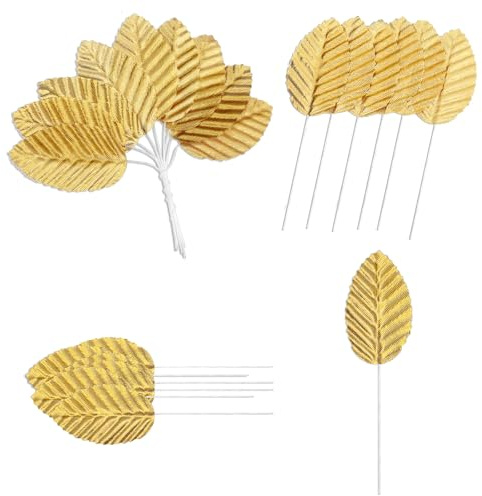 200Pcs Gold Leaves, Artificial Fake Leaves with Stems, Fake Single Leaf for DIY Crafts Scrapbooking Home Kitchen Festival Party Decorations, Leaf decorative accessories