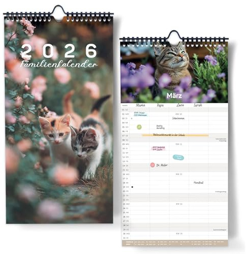 Familienplaner Katzen 2026 mit 5 Spalten als Wandkalender [Katzen] I 22 x 43 cm I Familienkalender Katzenkalender I Monatskalender Okt 2025- Dez 2026, mit Ferien- und Feiertagen, Stundenplänen uvm...