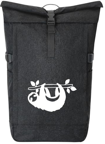 Huuraa Kurierrucksack Faultier Silhouette Geschenk | 30-44 Liter Backpack Black Melange Fairtrade Rolltop Rucksack Geschenkidee Schwarzer Laptop-Rucksack passend für 17-Zoll