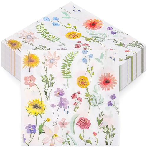 Tenare 60 Pcs Spring Floral Napkins Paper Wildflower Colorful Disposable Summer Napkins Wildflower Tea Party Supplies for Banquet Wedding Picnic Dinner Anniversary Baby Shower Kitchen Bathroom Decor