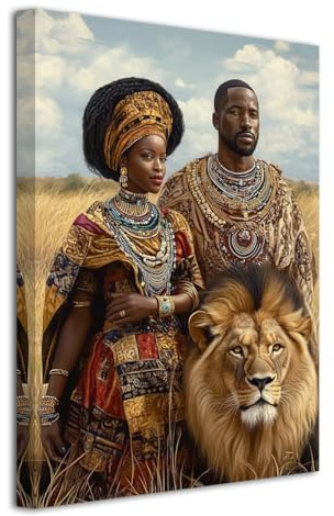 LZIMU Afrikanische Königin und König Bilder Afroamerikanische Leinwandbilder Schwarzes Paar Afrikanische Stämme Löwen Wanddeko (60L x 40B cm)