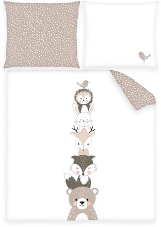Herding babybest Wiegenbettwäsche, Woodland Crew, Kopfkissenbezug 35 x 40 cm, Bettbezug 80 x 80 cm, Mit Hoteleinschlag, 100% Baumwolle, Weiß/Beige