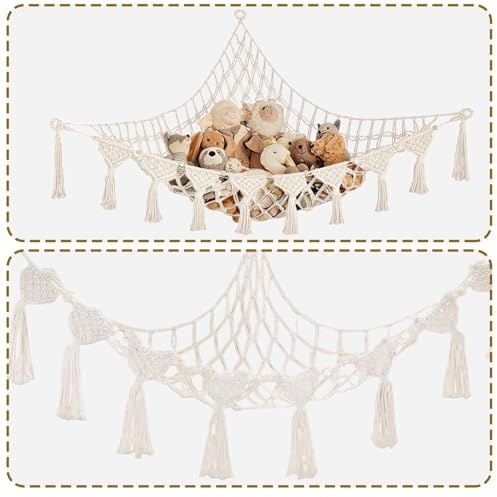 QITIXI:OU 2PCS Kuscheltier Aufbewahrung Netz, Boho Makramee Stofftier Hängematte, Aufbewahrung Kuscheltiere Lagerung Netz, Kinderzimmer Hängend Spielzeug Organizer