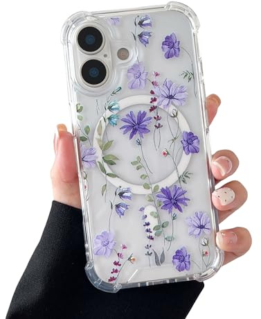 DEFBSC Magnetisch Hülle für iPhone 17 Blumen Muster,Lila Kosmos | Kompatibel mit MagSafe, Transparent Handyhülle Hart PC Rückseite Dünne Stoßfest Kratzfestes Case Durchsichtig Schutzhülle