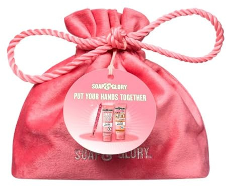 Soap Glory Put Your Hands Together Gift Set, 3 Piece Full Size Hand Creams with Original Pink™ and Call of Fruity™, Glass Nail File, Drawstring Washbag