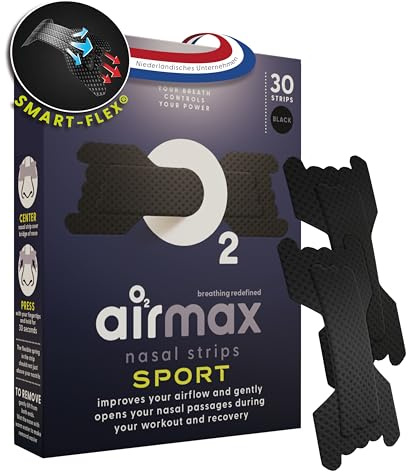 Air Max Nasenpflaster Schwarz – 30 Sport Nasenstrips – 50% Stärkere Hebekraft – Wirkt Sofort – Öffnet die Atemwege & Besser Atmen | Laufen, Radfahren, Hyrox, Fitness & mehr – Latexfrei