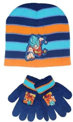 E plus M DragonBall Super Goku Kinder Winterset – Mütze 54/56 & Handschuhe – warmes Jungen Herbst-/Winter-Set – Strickmütze & Handschuhe aus Polyacryl