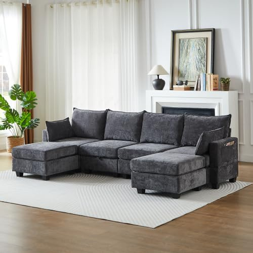 BLUON HOME Bigsofas XXL,U-Sofa,Schlafsofa, Modulares Chenille-Sofa, Ecksofas für das Wohnzimmer U-förmiges Ecksofa mit Stauraum-Ottomane, 6-Sitzer-Ecksofas mit Chaiselongue (Grey)