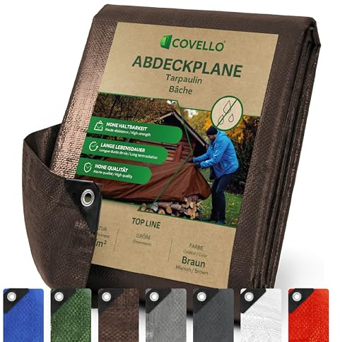Covello Lonas Impermeables Exterior 2 x 2m, 260g/m² con Ojales Marrón | Top Line, Cubierta Reforzada para Leña, Protección contra UV, Lona Impermeable Duradera y Resistente, Múltiples Usos