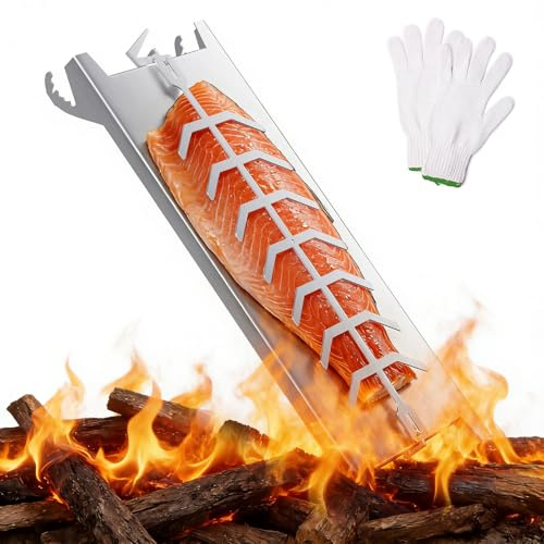 Flammlachsbrett Edelstahl 60 cm, Flammlachshalter 180° drehbar & 5-stufig neigbar, verstärkte Basis, passend für Feuerschale, Kugelgrill, Gasgrill (bis 6 mm), spülmaschinenfest, inkl. Handschuh