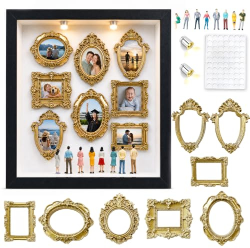 Bawetech DIY Mini Museum Bilderrahmen Vintage, 9-Zoll Museum of Us | Silhouette Box mit 8 Mini Figuren, 8 Golden Rahmen, 2 LED Licht, für Jahrestag, Hochzeit, Geburtstag, Fotogeschenk Jubiläum