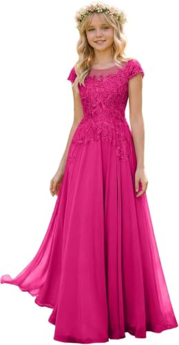 LECOYOYO Junior Dama de honor Vestidos Encaje Gasa Flor Niña Vestidos Boda Manga Corta Vestido, fucsia, 14 años