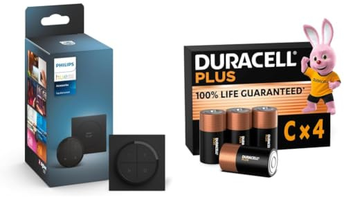 Philips Hue Tap Dial Switch [Black] Easy Smart Lighting Control. Indoor Home Lighting Automation, Set Scenes, Ambiance and Dimming. + Duracell C x 4