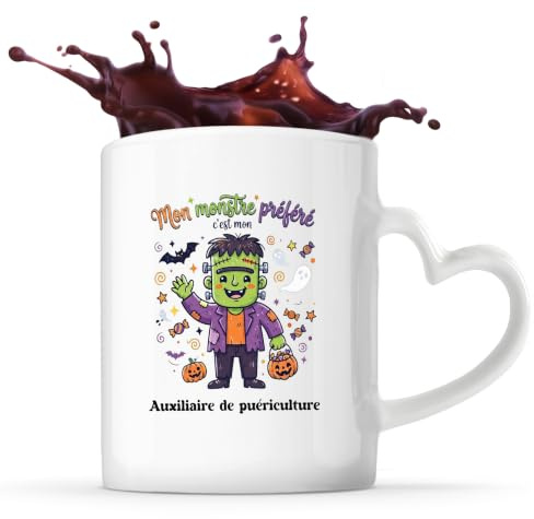 Tasse Cœur Mon Monstre Préféré C'est Mon Auxiliaire de puericulture - Mug - Idée Tasse Personnalisable en forme de Cœur Cadeau Anniversaire Fête Original Famille Travail Départ Collègue Retraite Noël.