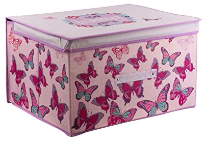 The Magic Toy Shop Large Foldable Kids Toy Storage Box with Lid - Butterfly Design - Collapsible Fabric Organizer for Children's Toys, Crafts, Clothes - for Boys & Girls Bedroom 50x30x40cm