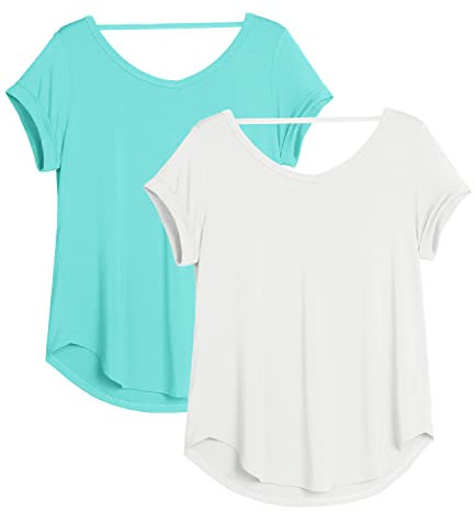 icyzone Damen Rückenfrei Yoga T-Shirt Kurzarm Sport Freizeit Tops Lose V-Ausschnitt Shirt, 2er Pack (M, Hellblau/Weiß)