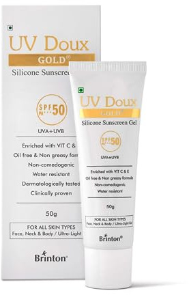 UV Doux Gold Sunscreen Gel with SPF 50 PA+++ | Broad Spectrum Sun Protection | Enriched with Vitamin C & E | Matte Finish, Water Resistant | Dermatologist Tested | All Skin Types, 50g